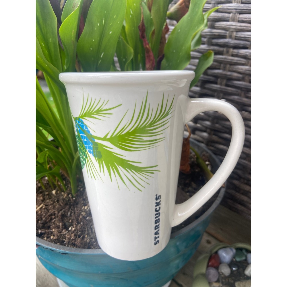 Starbucks 2011 Pine Cone Coffee Mug 21oz Tall White Ceramic Blue Green Holiday